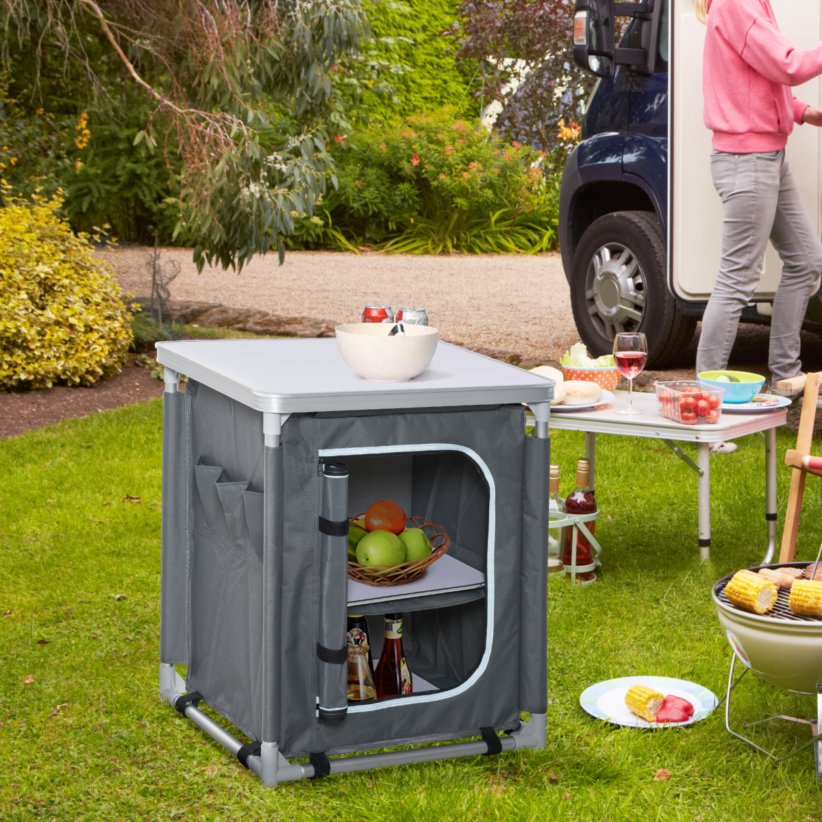 Portable Outdoor Camping Kitchen Station Cook Table with 2 Shelves, Aluminum Frame and Carry Bag