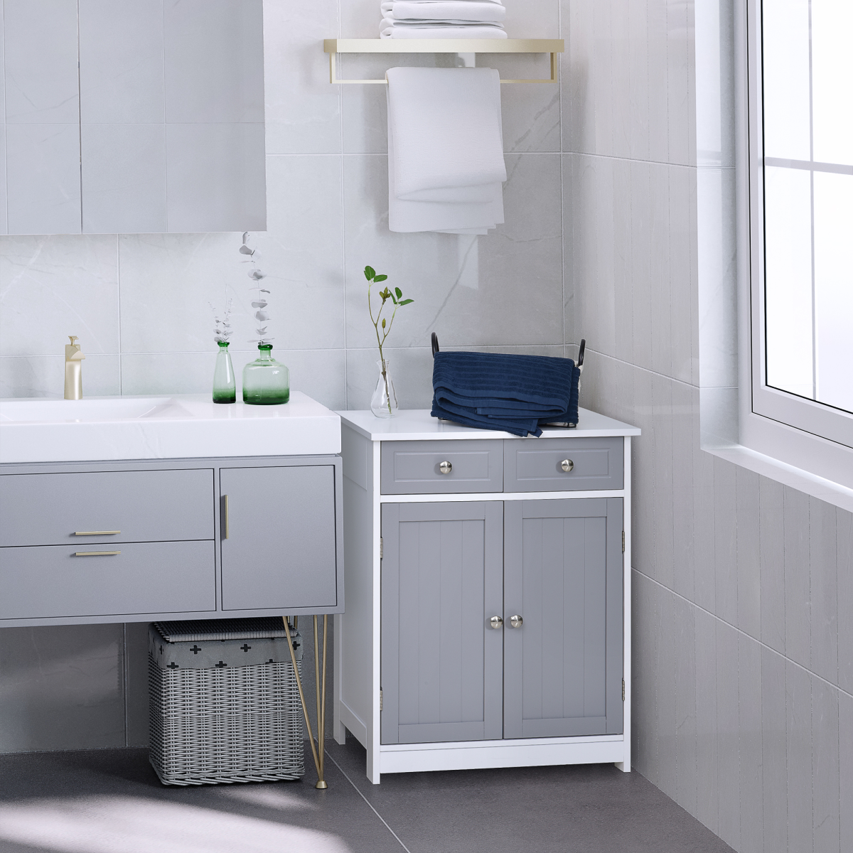 kleankin Grey MDF Freestanding Bathroom Cabinet with 1 Cupboard and 2 Drawers, Adjustable Shelf, Water-Resistant Finish