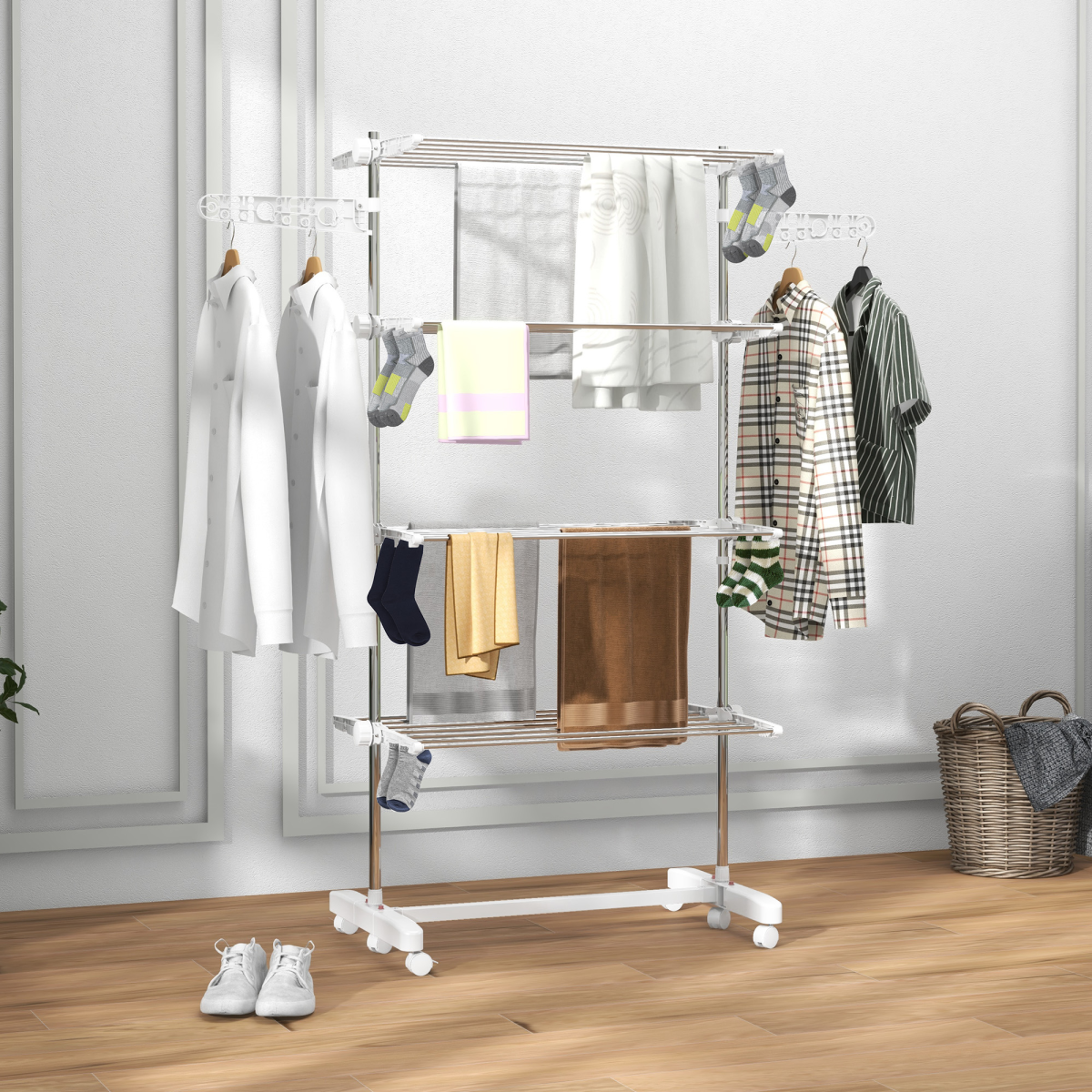HOMCOM 4-Layer Folding Clothes Hanger Stand with Wheels, Adjustable Height, Foldable Indoor Clothes Rack