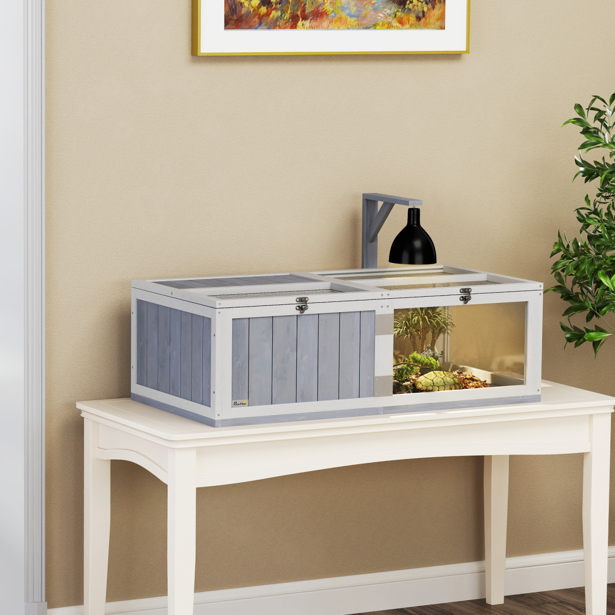 PawHut Wooden Tortoise House with Lamp Holder, Clear Windows