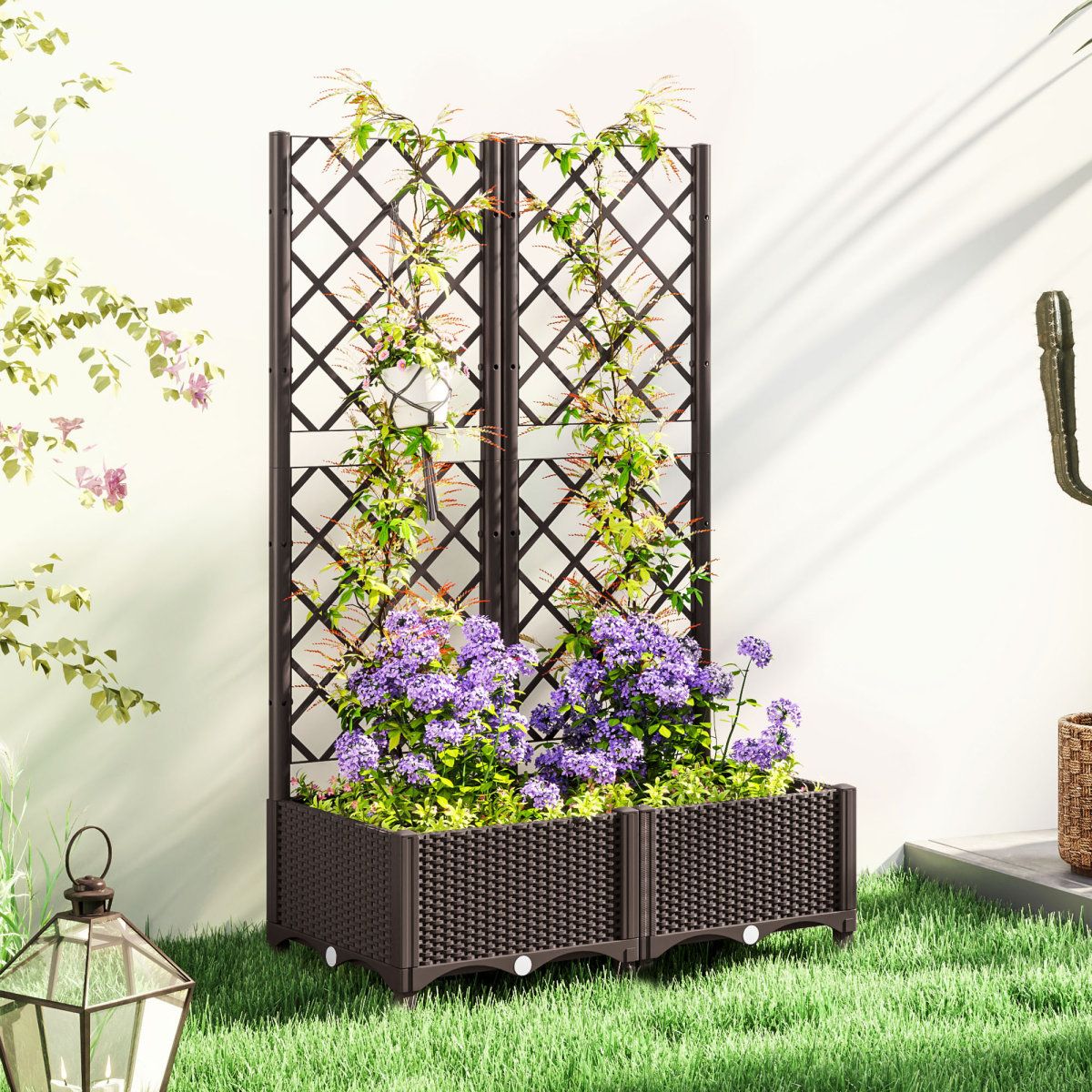 Outsunny Brown PP Planter Box with Trellis and Drain Plugs