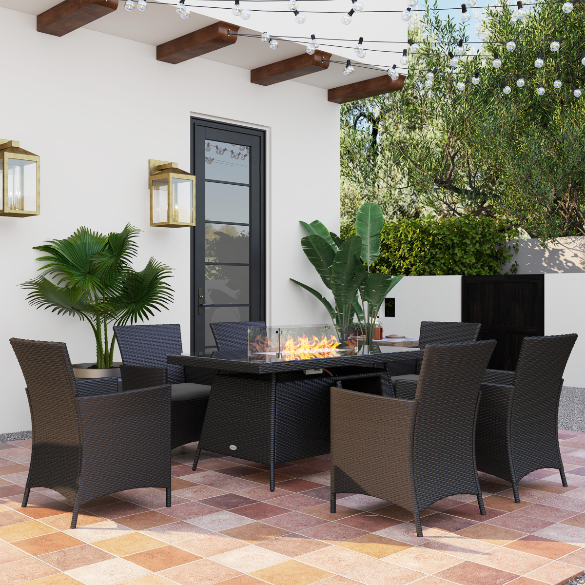 Outsunny 7 Piece Rattan Garden Dining Set with Fire Pit Table, Black