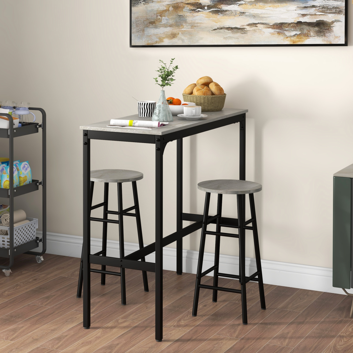 HOMCOM 3-Piece Industrial Bar Table and Stool Set, Grey