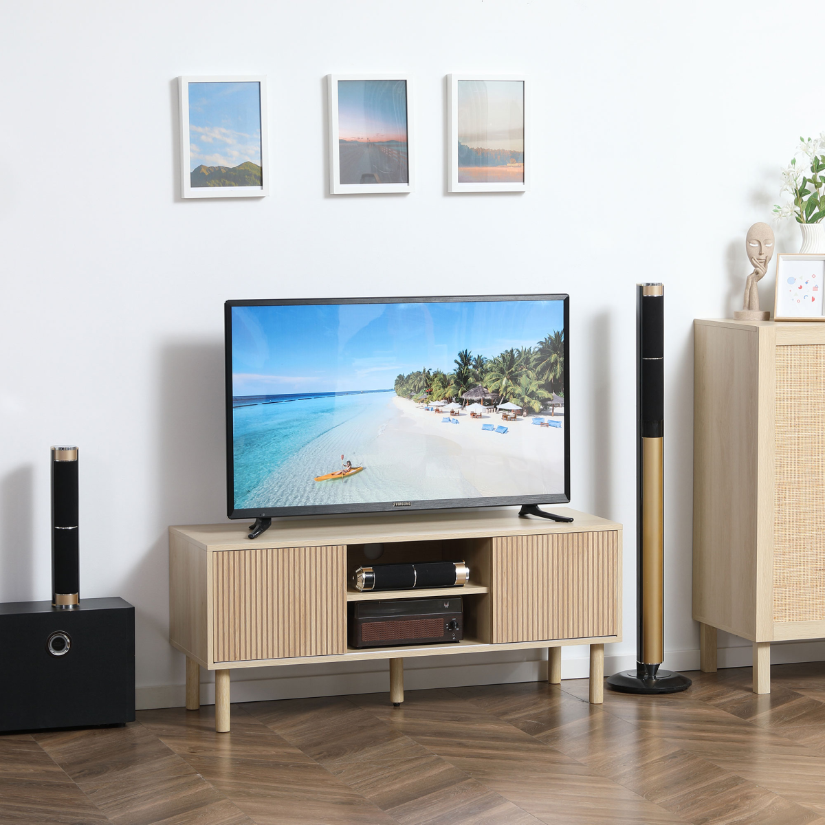 HOMCOM Natural TV Stand Cabinet for TVs Up to 50" with Sliding Doors