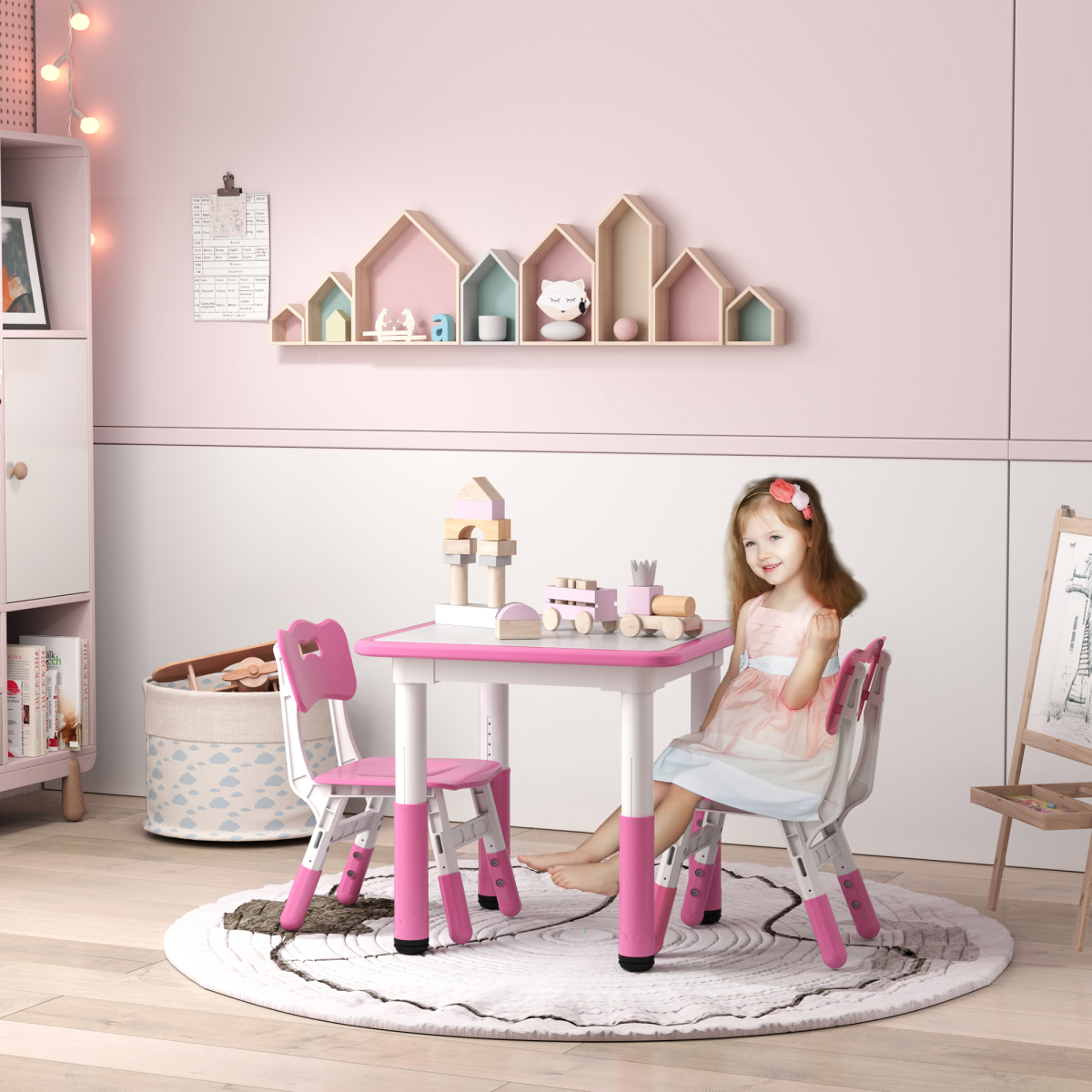 AIYAPLAY 3-Piece Adjustable Kids Table and Chair Set, Pink