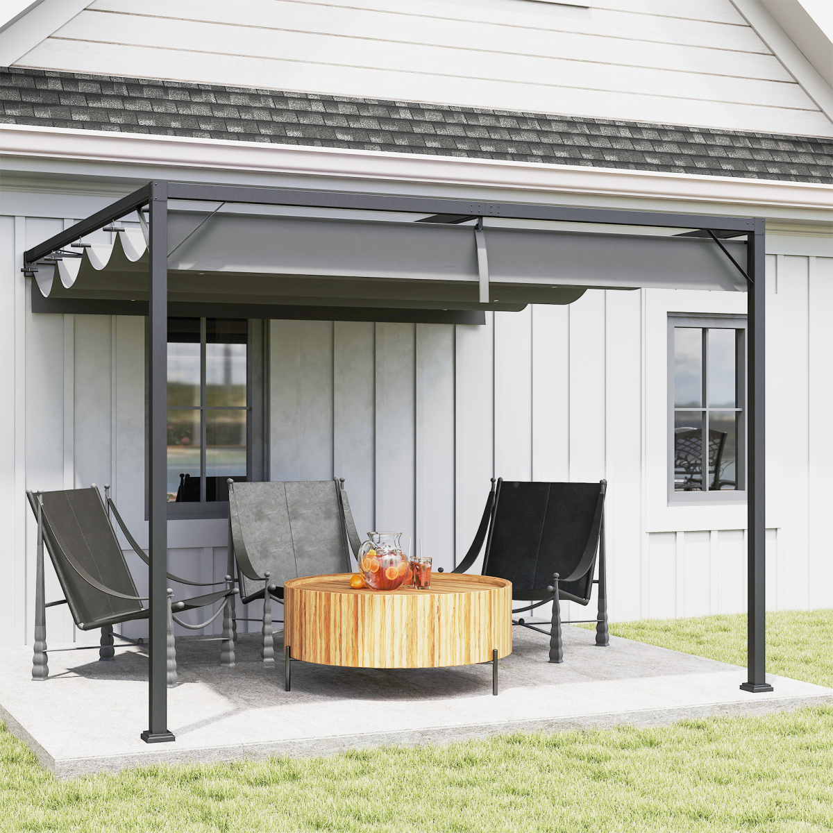 Outsunny 3 x 3m Wall-Mounted Outdoor Pergola with Retractable Canopy, Grey