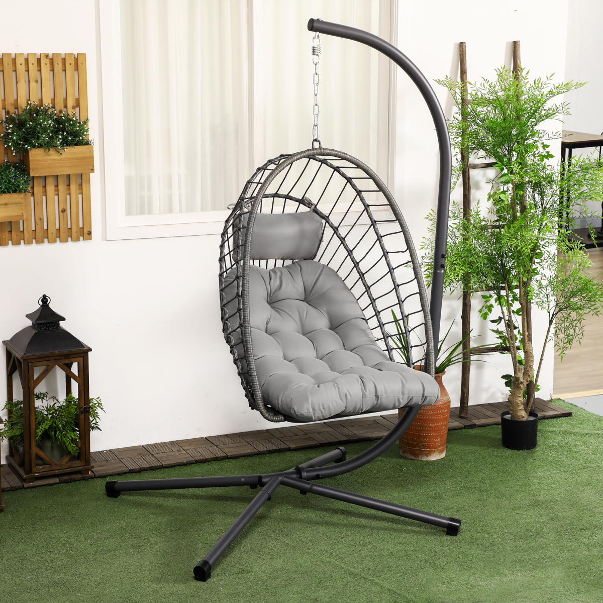 Outsunny PE Rattan Hanging Swing Chair with Thick Cushion, Foldable Basket, Patio Hanging Chair