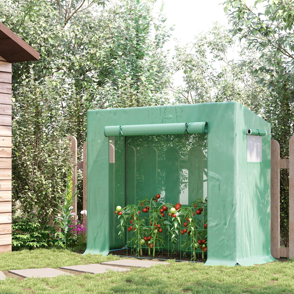 Outsunny Garden Greenhouse with Windows and Roll-Up Zip Panel, 198L x 77W x 149-168H cm