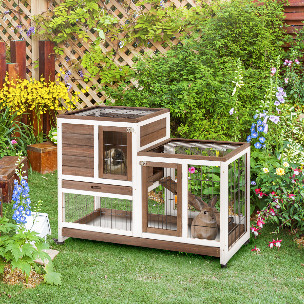 Wooden Rabbit Hutch with Wheels, Indoor Small Pet Cage 110 x 50 x 86cm