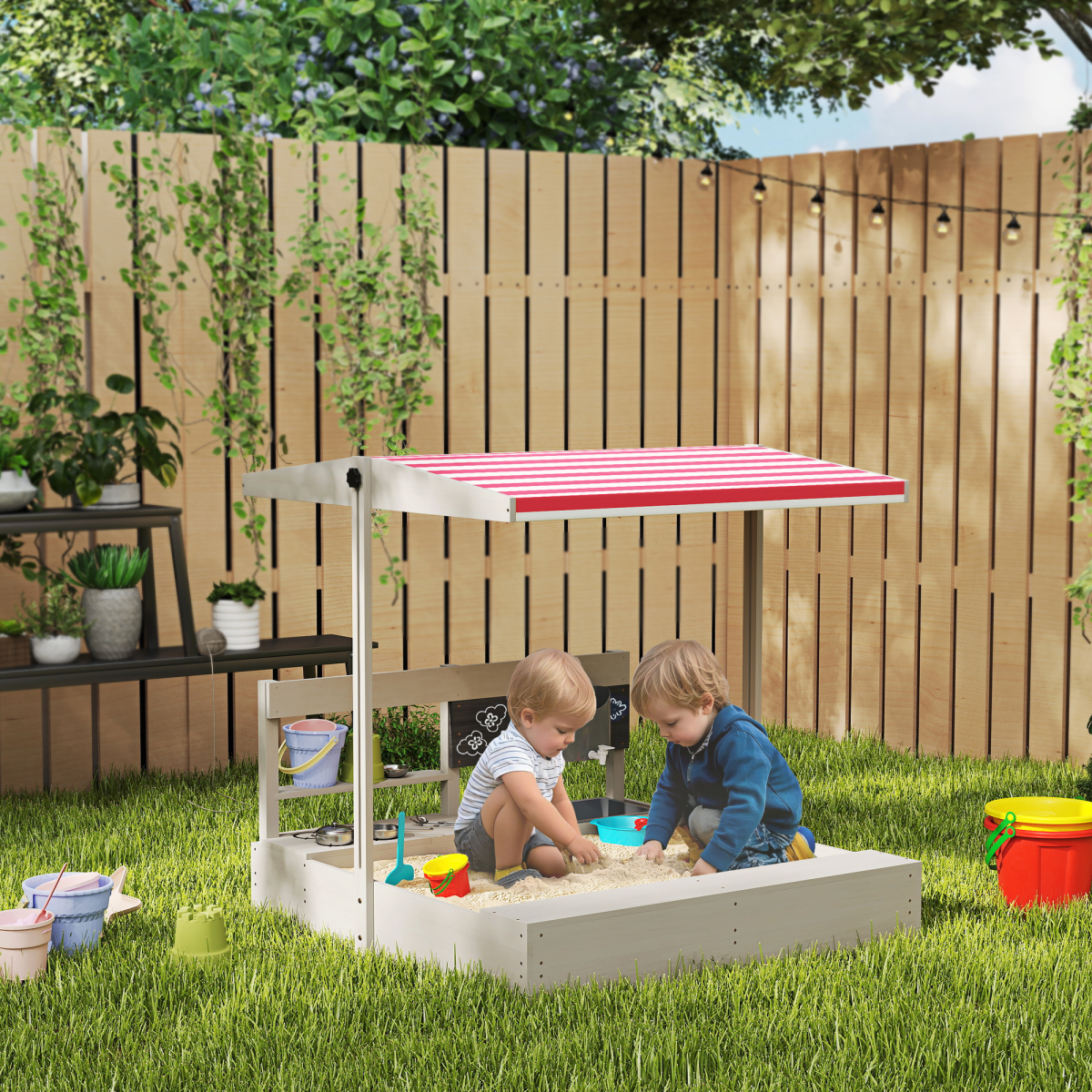 Outsunny Kids Wooden Sandbox with Canopy, Seat & Kitchen Toys
