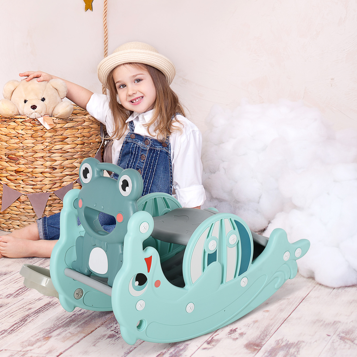3-in-1 Children’s Rocking Horse, Slide and Basketball Hoop, Portable Indoor and Outdoor Toy