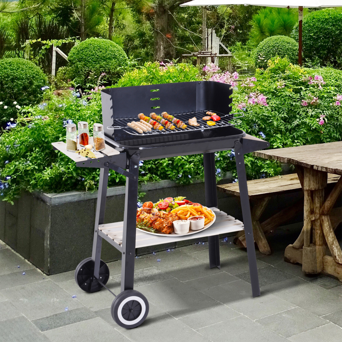 Outsunny Charcoal BBQ Grill with Adjustable 4-Height Grill Pan, Side Wind Shield, Shelf and Wheels, 87 x 45 x 83 cm, Black