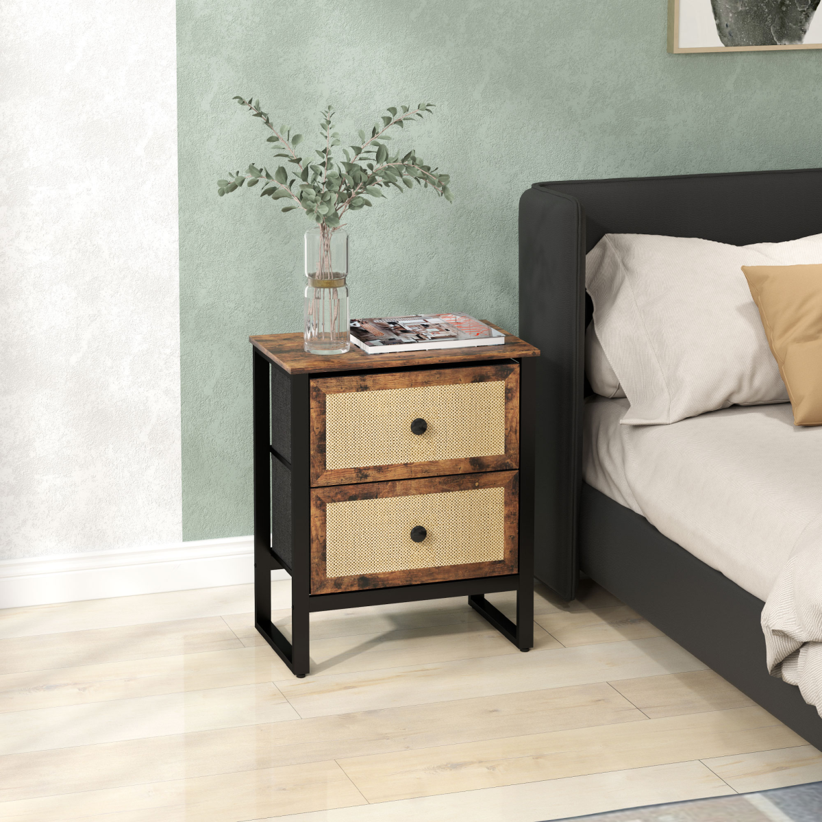 HOMCOM Rustic Brown Bedside Table with 2 Rattan Drawers, Steel Legs
