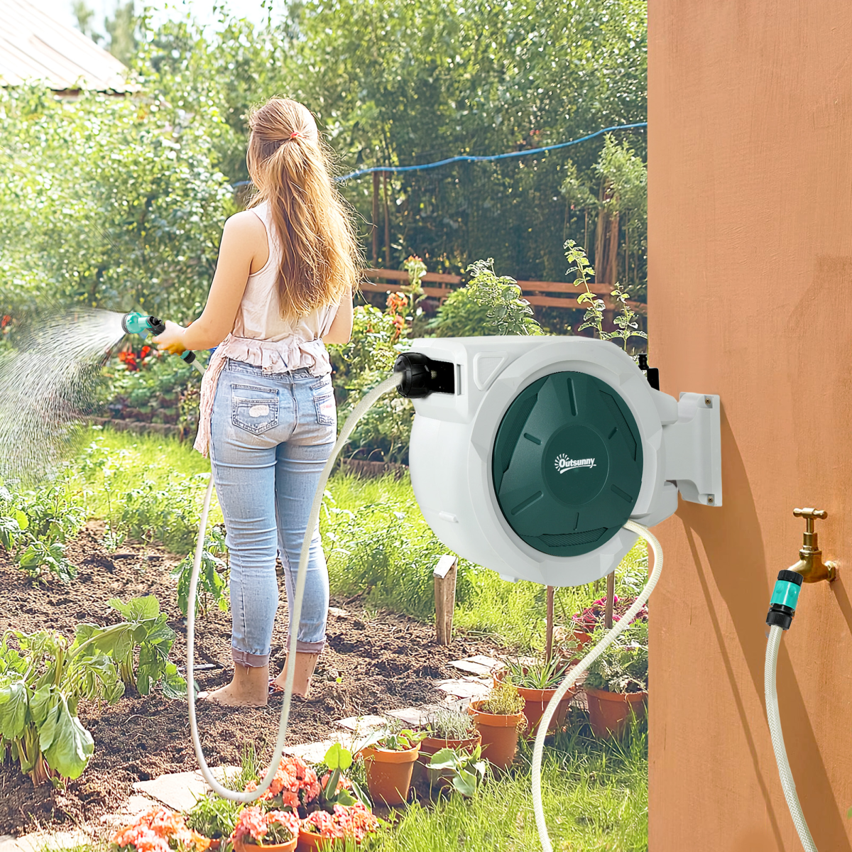 Outsunny 20m Retractable Wall-Mounted Hose Reel with Lock, Light Grey
