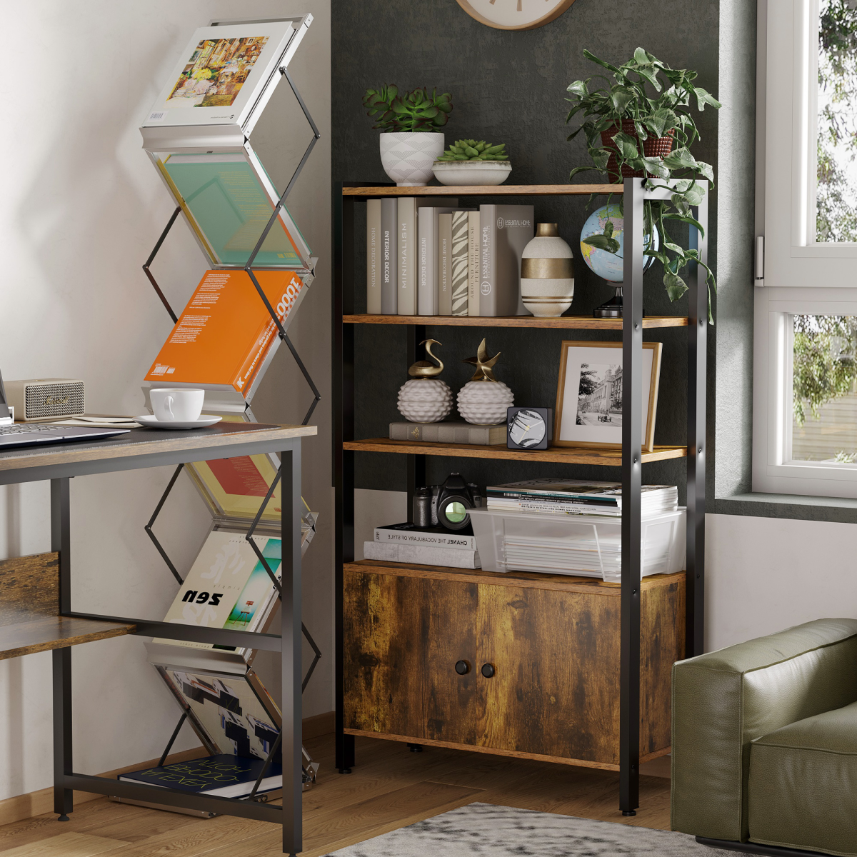 Industrial 3-Shelf Bookcase with Cupboard, Brown and Black