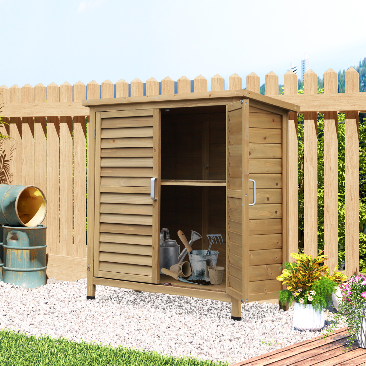 Outsunny Solid Fir Wood Garden Storage Cabinet with Shelves and Ventilated Doors