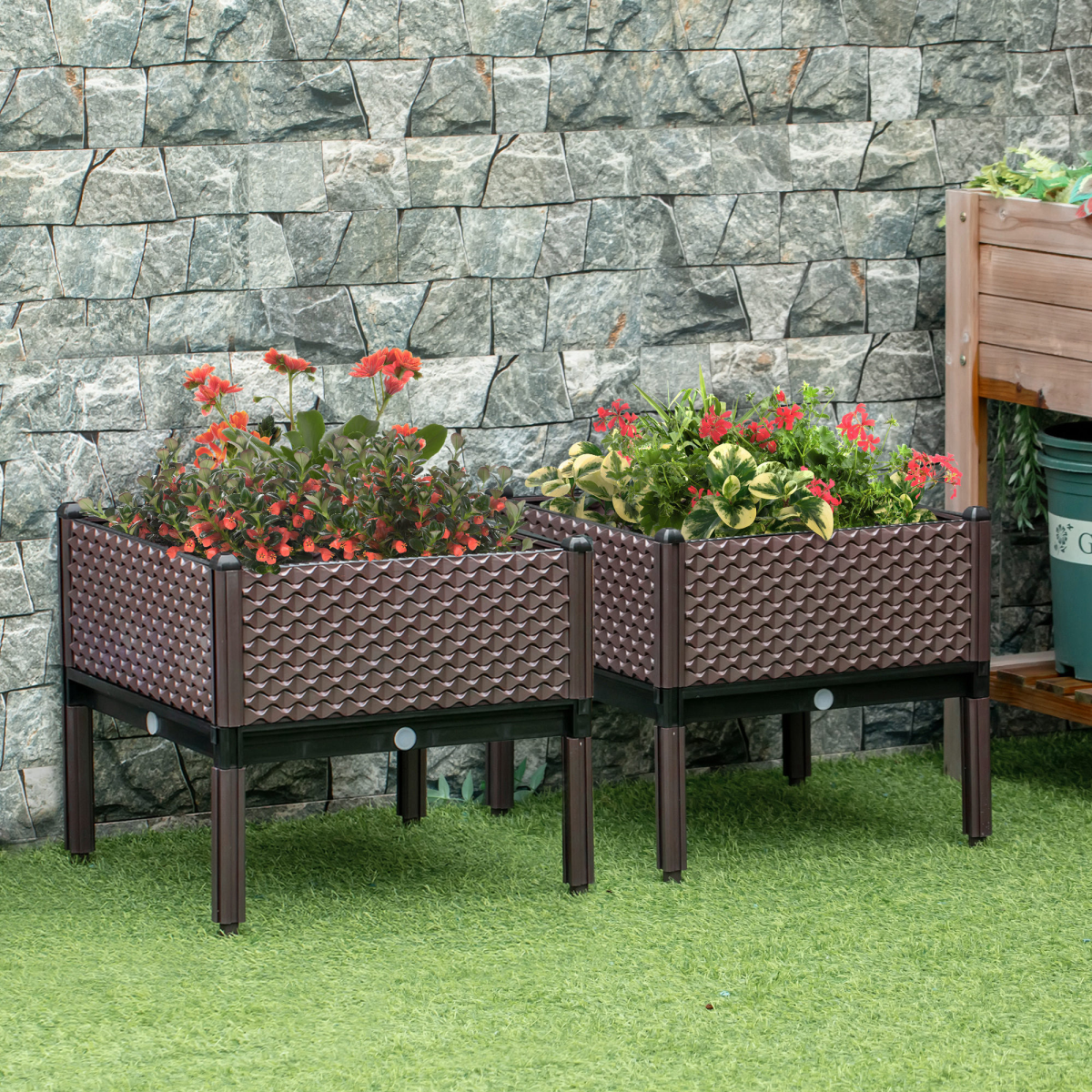 Outsunny Set of 2 Elevated Raised Garden Bed Planter Boxes for Flowers, Vegetables, Herbs, Patio, Deck, Balcony