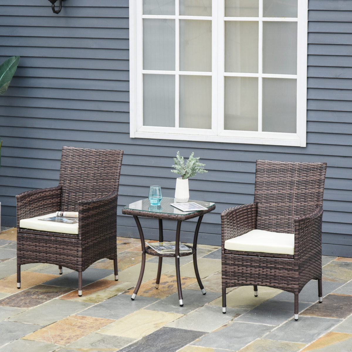 Outsunny 2-Seater Outdoor Rattan Armchair with Armrests and Cushions, Mixed Brown
