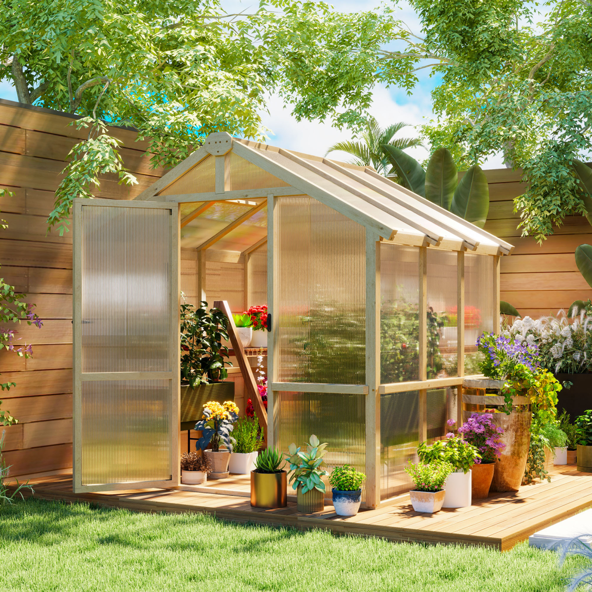 Outsunny Wooden Polycarbonate Greenhouse with Lockable Door, Brown