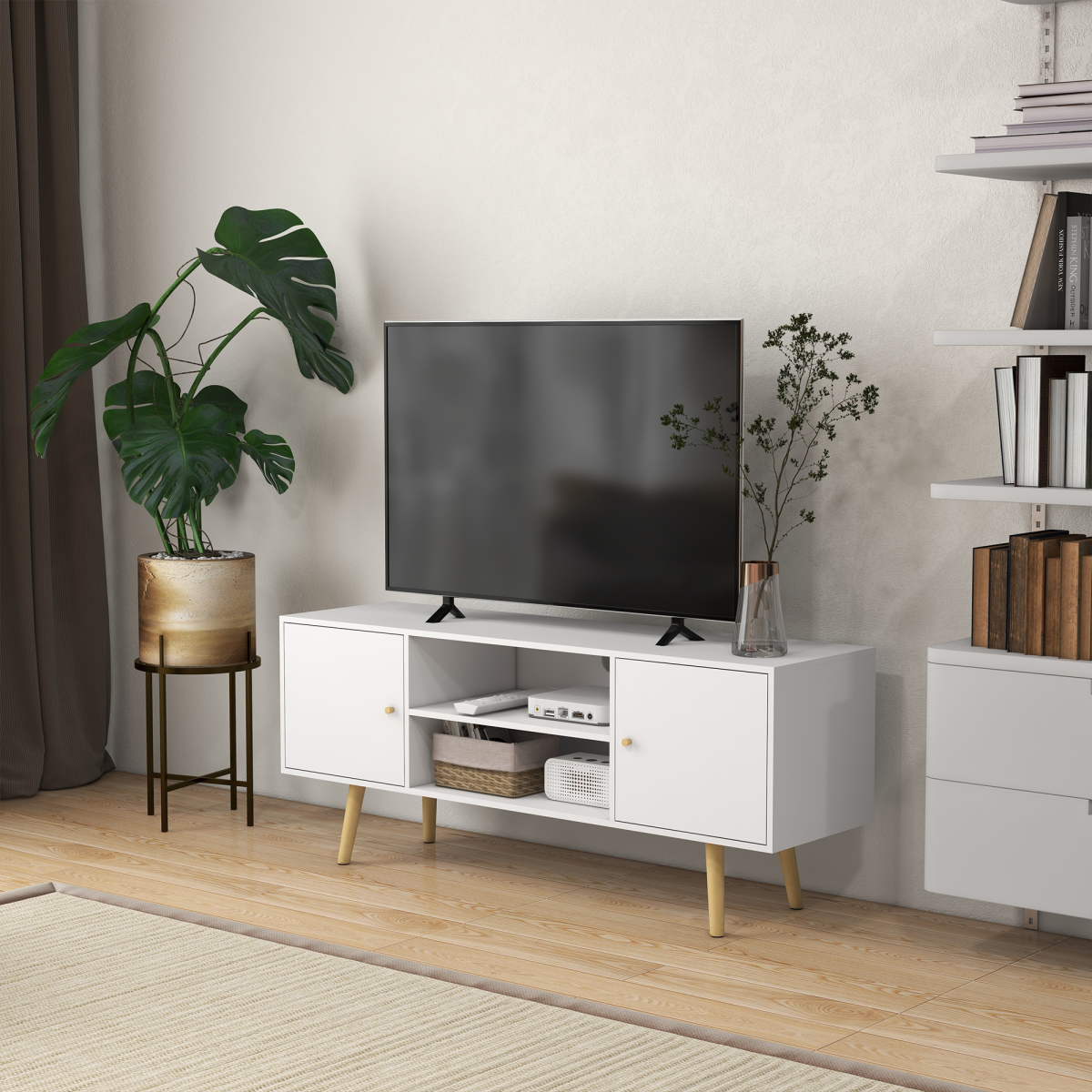 White TV Stand Cabinet with Storage, Cable Management, Wood Legs