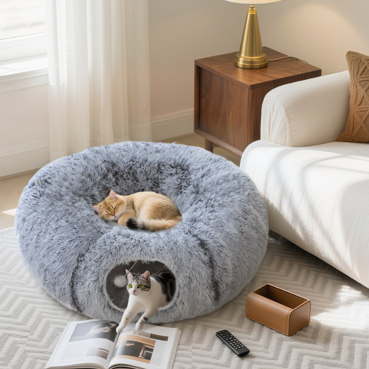 PawHut Foldable Donut Cat Tunnel Bed with Washable Cushion, Light Grey
