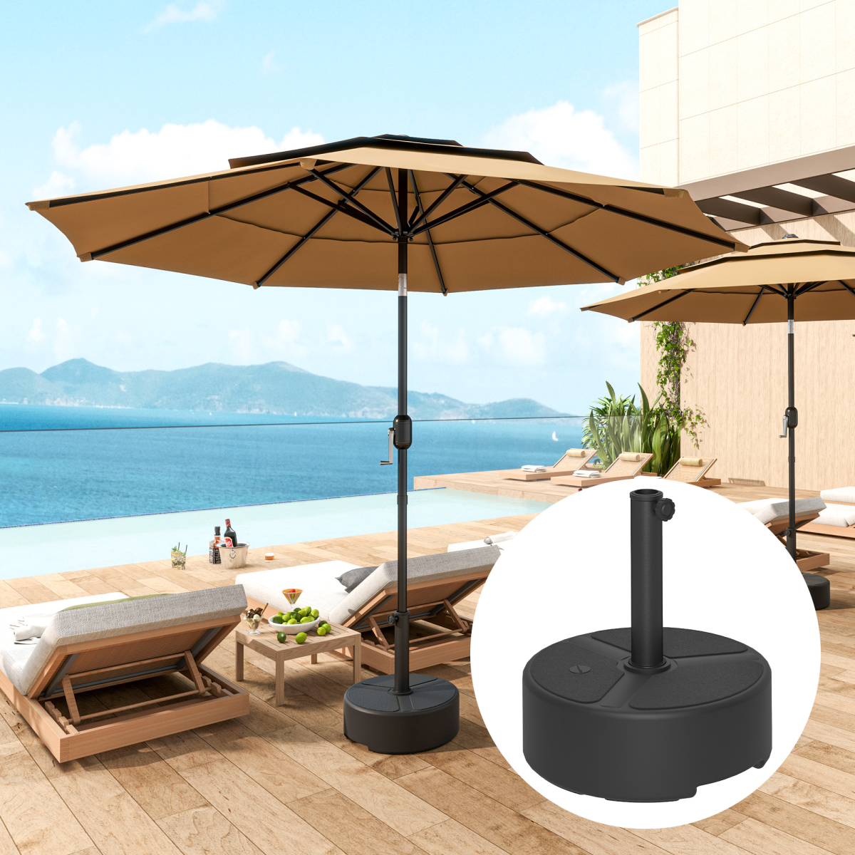 Outsunny Round Garden Parasol Base, Sand or Water Fillable Stand for 38 mm and 48 mm Poles, Black