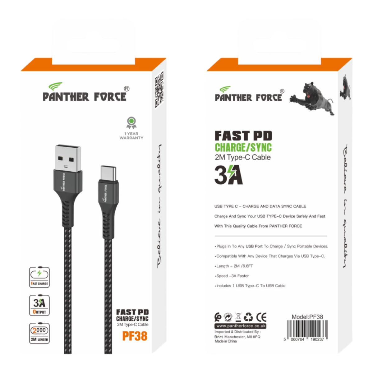 Panther Force USB To Type-C 3A 2 Meter Cable For Samsung Galaxy S23 Ultra