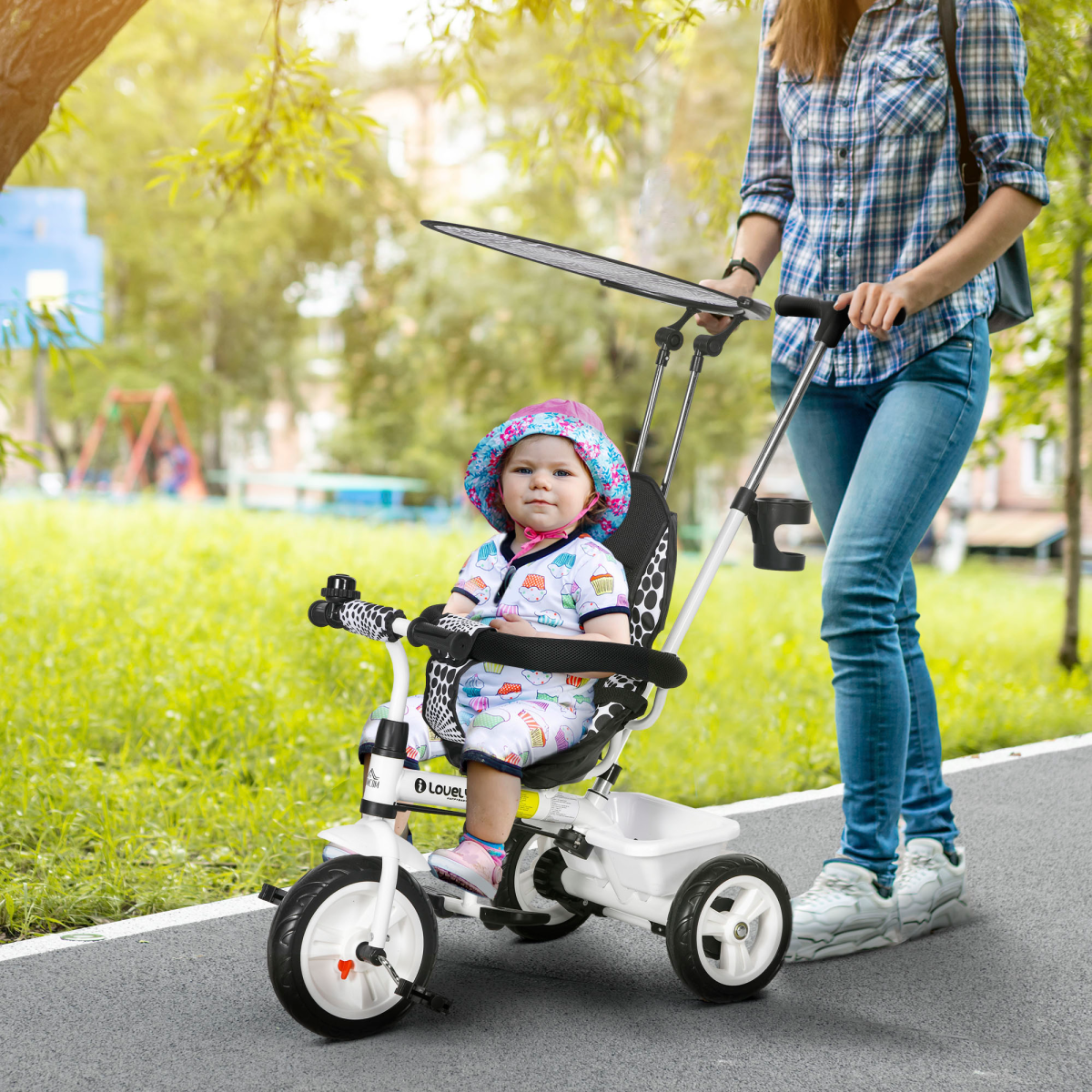 HOMCOM 6-in-1 Kids Tricycle with Removable Push Handle, White