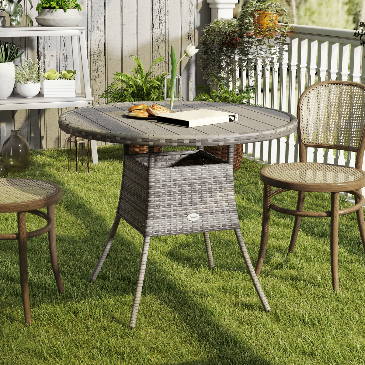Outsunny Grey PE Rattan Outdoor Dining Table with Wood-Plastic Top