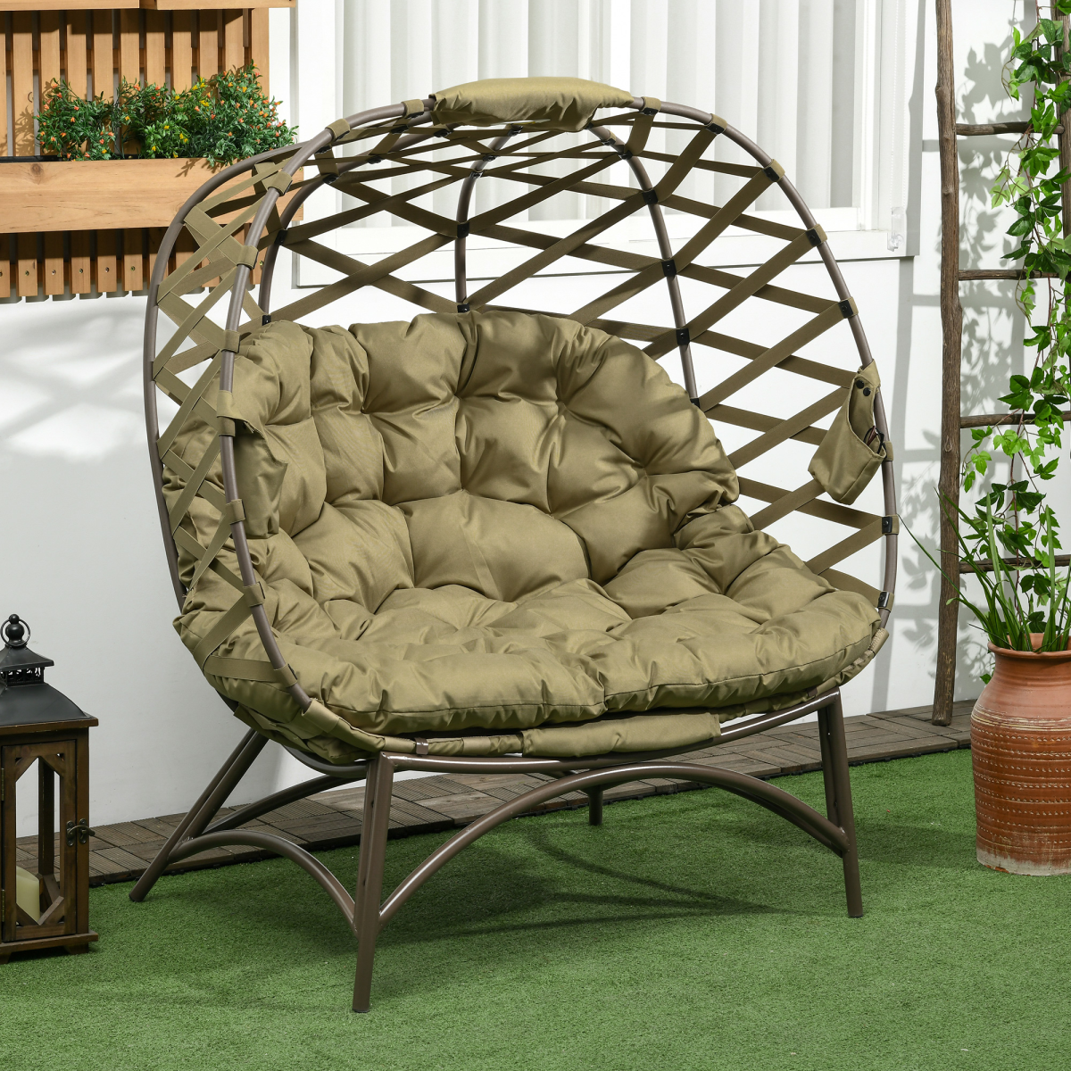 Outsunny 2-Seater Outdoor Egg Chair with Cushion and Cup Pockets, Khaki
