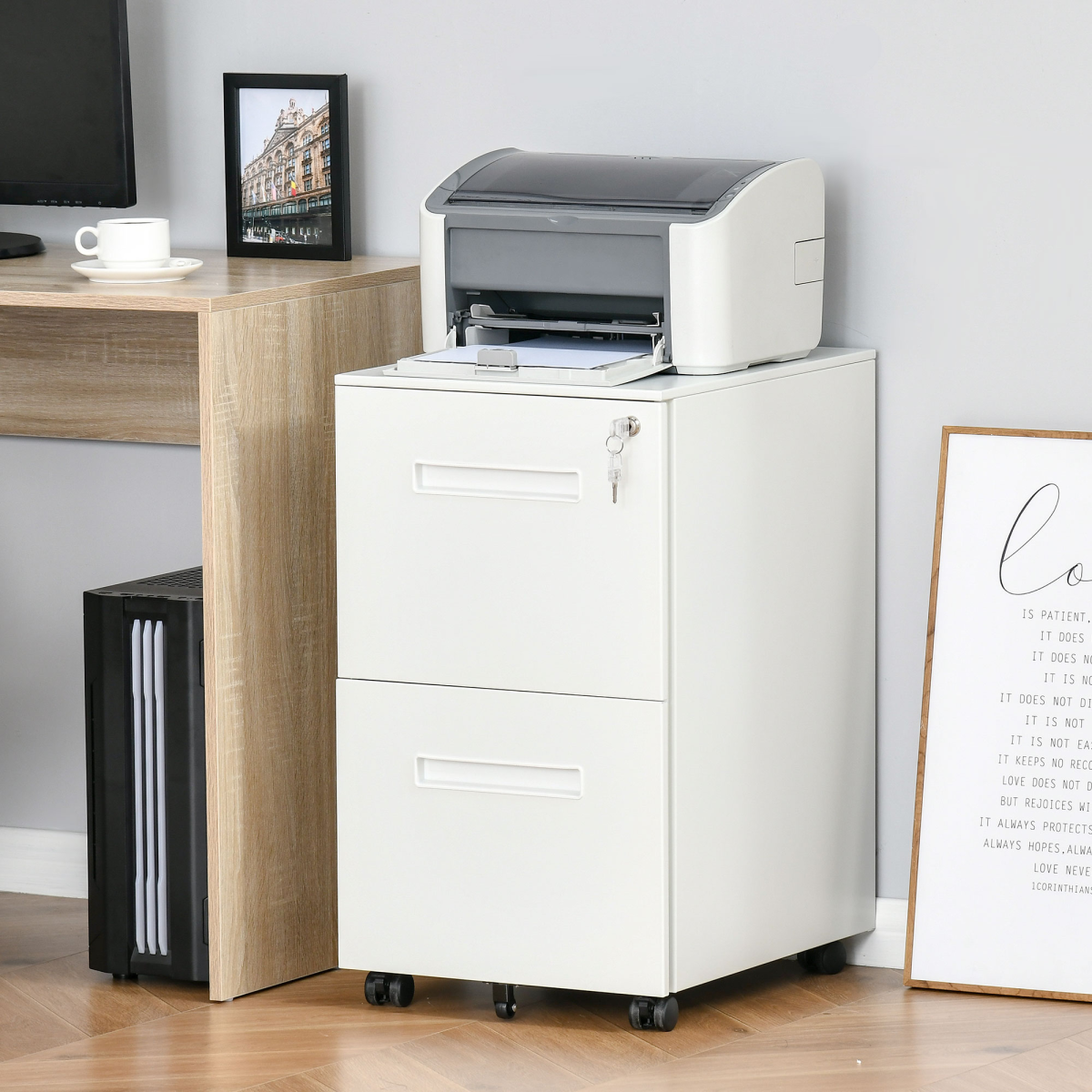 Mobile File Cabinet with Lock, Adjustable Partition, Rolling, White