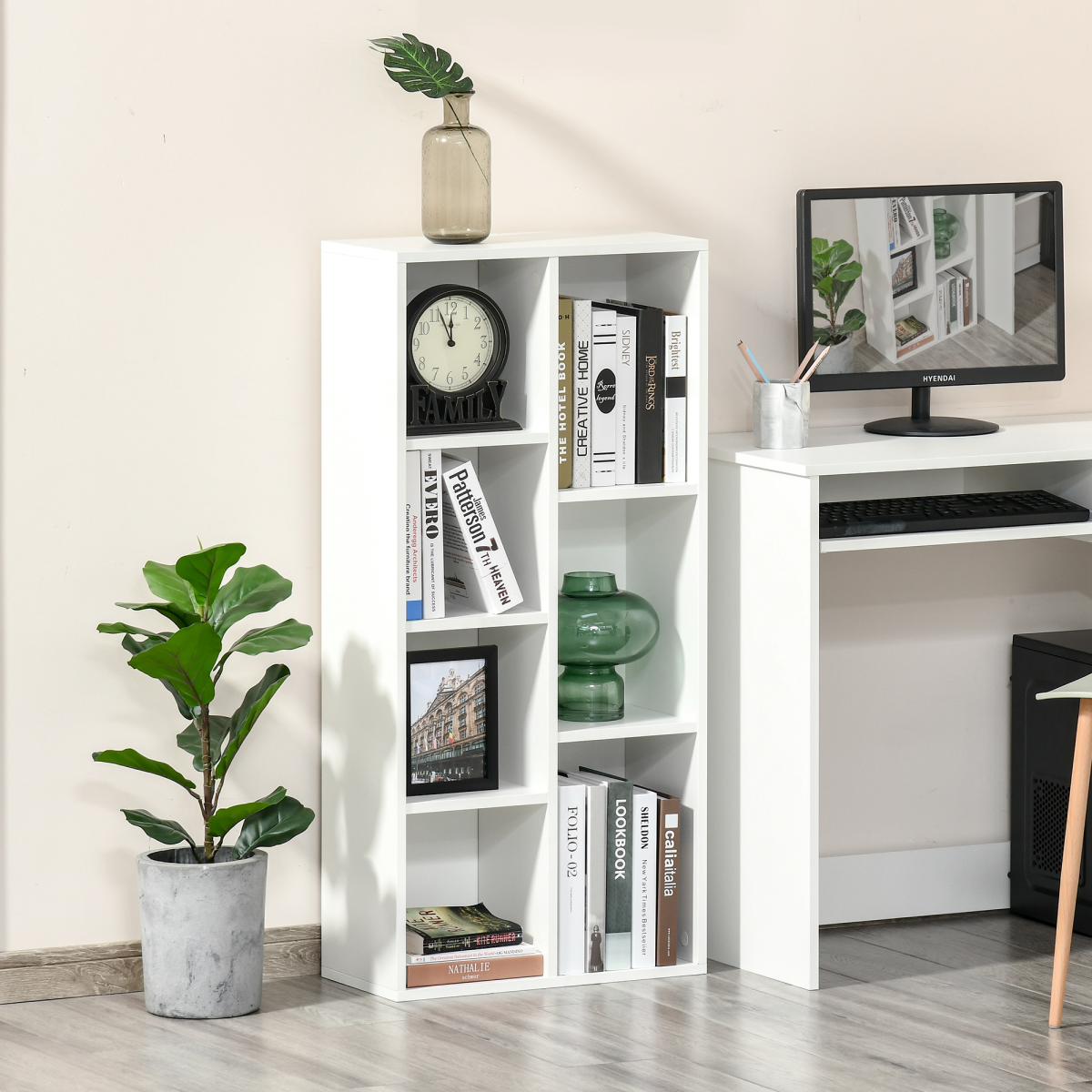 HOMCOM 7-Cube White Bookcase Shelf, Modern Storage for Home Office