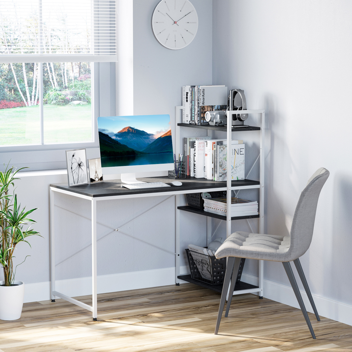 HOMCOM Computer Workstation Desk with 4-Tier Bookshelf, Metal Frame, White/Black Colour