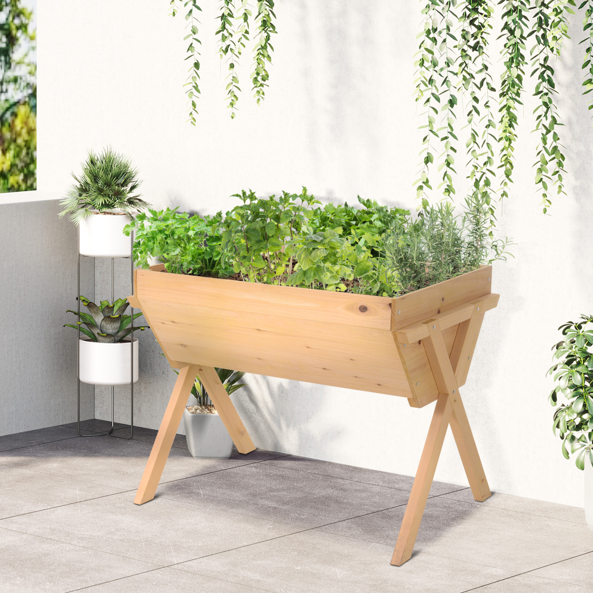 Outsunny Large Fir Wood Raised Planter Trough with Liner Bag, Drainage Hole, Natural Finish