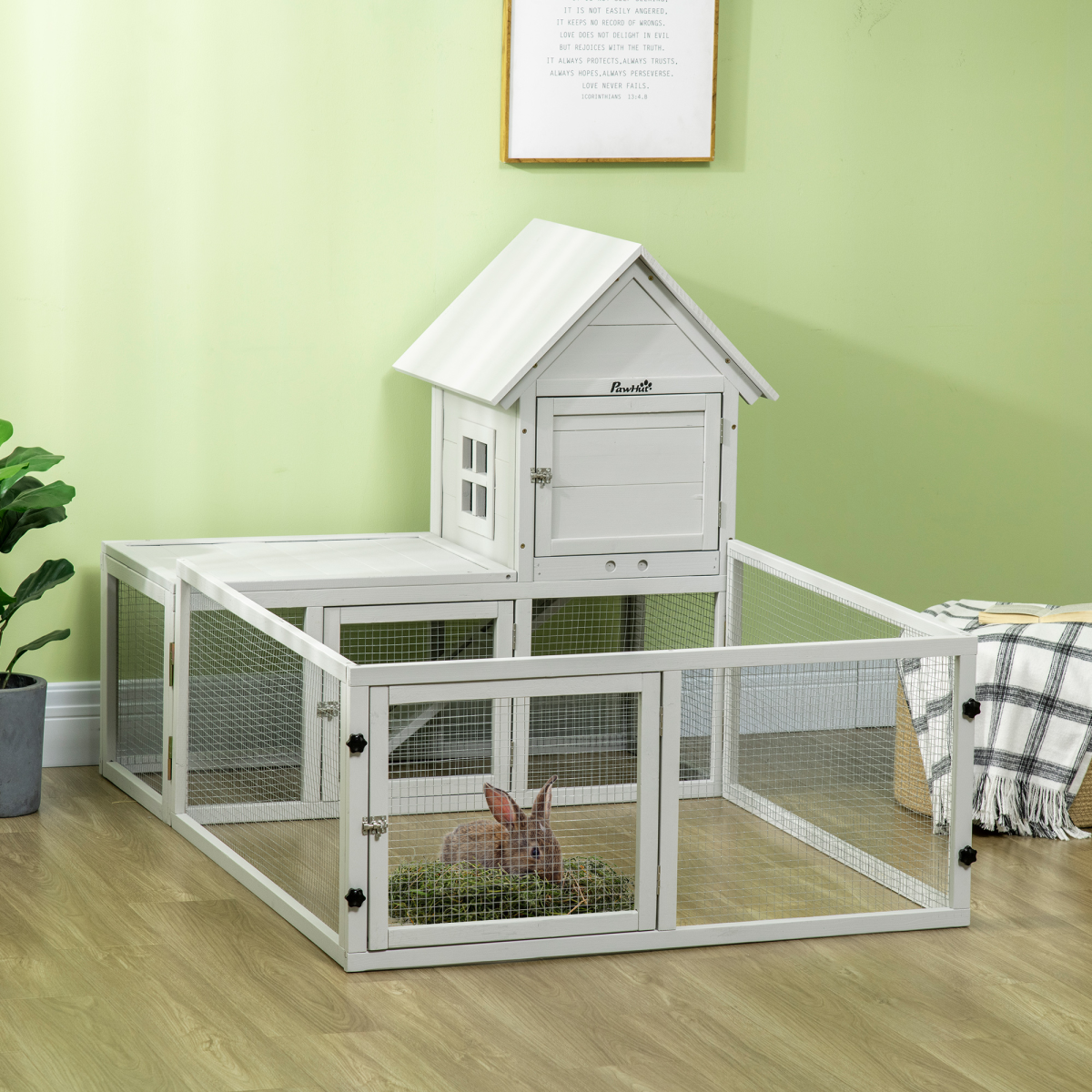 PawHut Rabbit Hutch and Guinea Pig Cage with Slide-Out Tray, Fenced Run, 3 Doors, Indoor Wooden Hutch