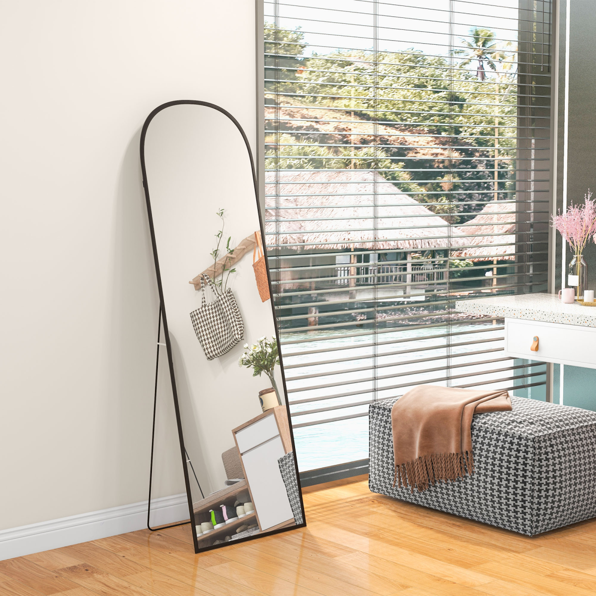 HOMCOM Full Length Mirror, Aluminium Frame, Black, Hanging or Leaning