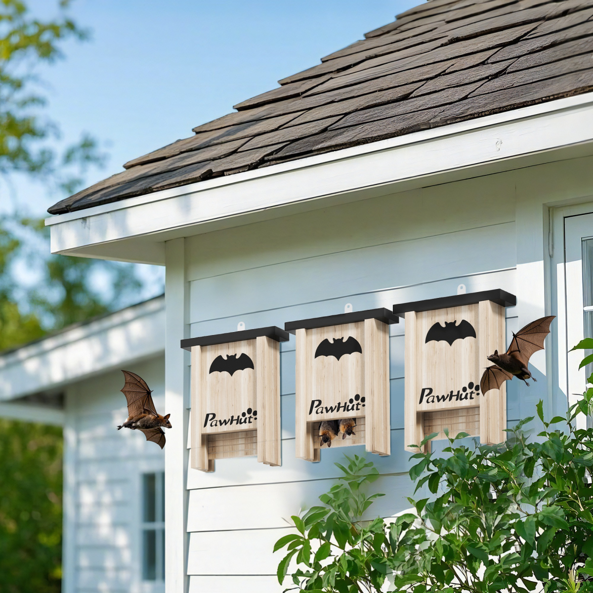 PawHut 3 Pack Bat Boxes, Fir Wood Bat Houses with Hook, 18 x 6 x 22.5 cm, Natural Wood Finish