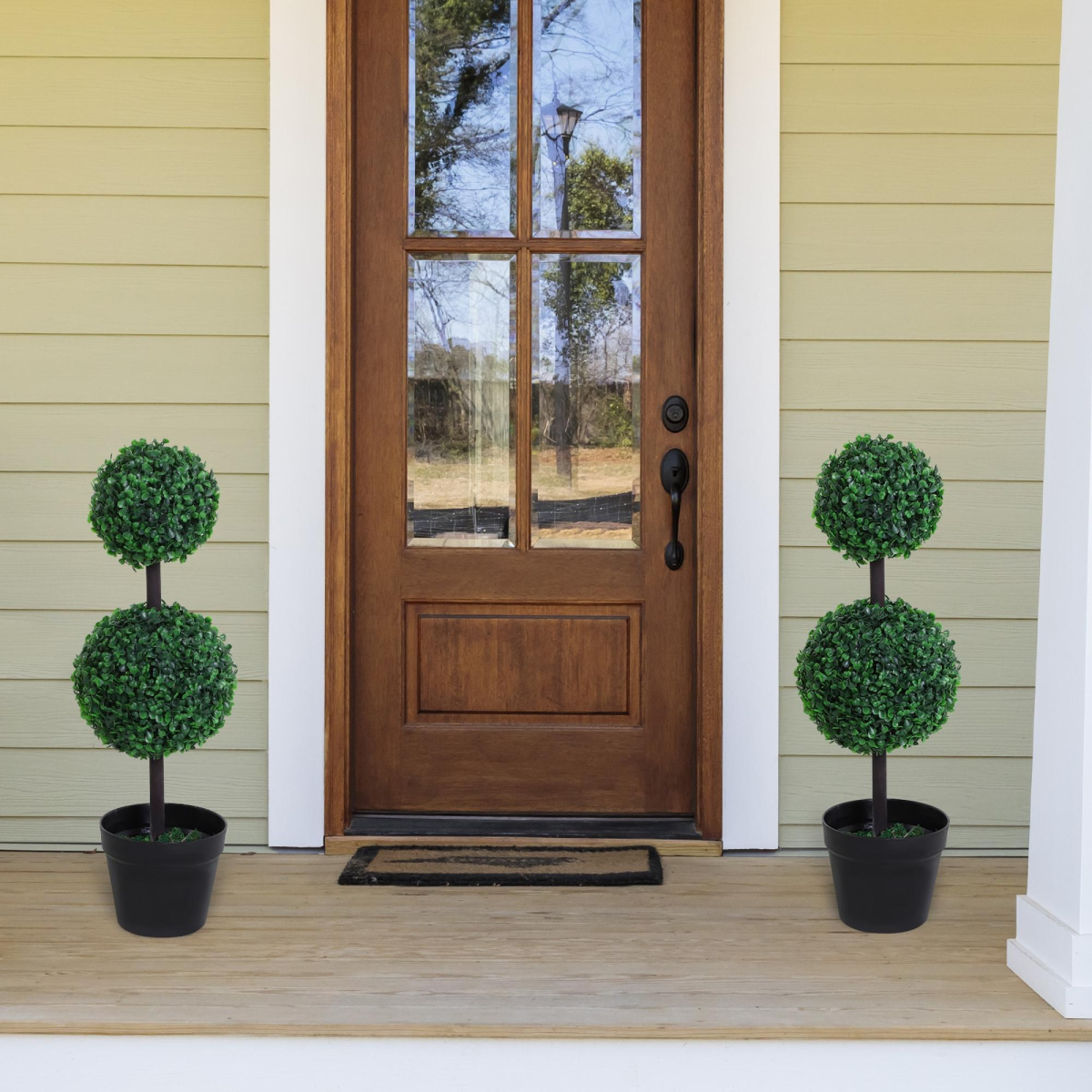 Set of 2 Artificial Boxwood Ball Topiary Trees, Green, PE Plants