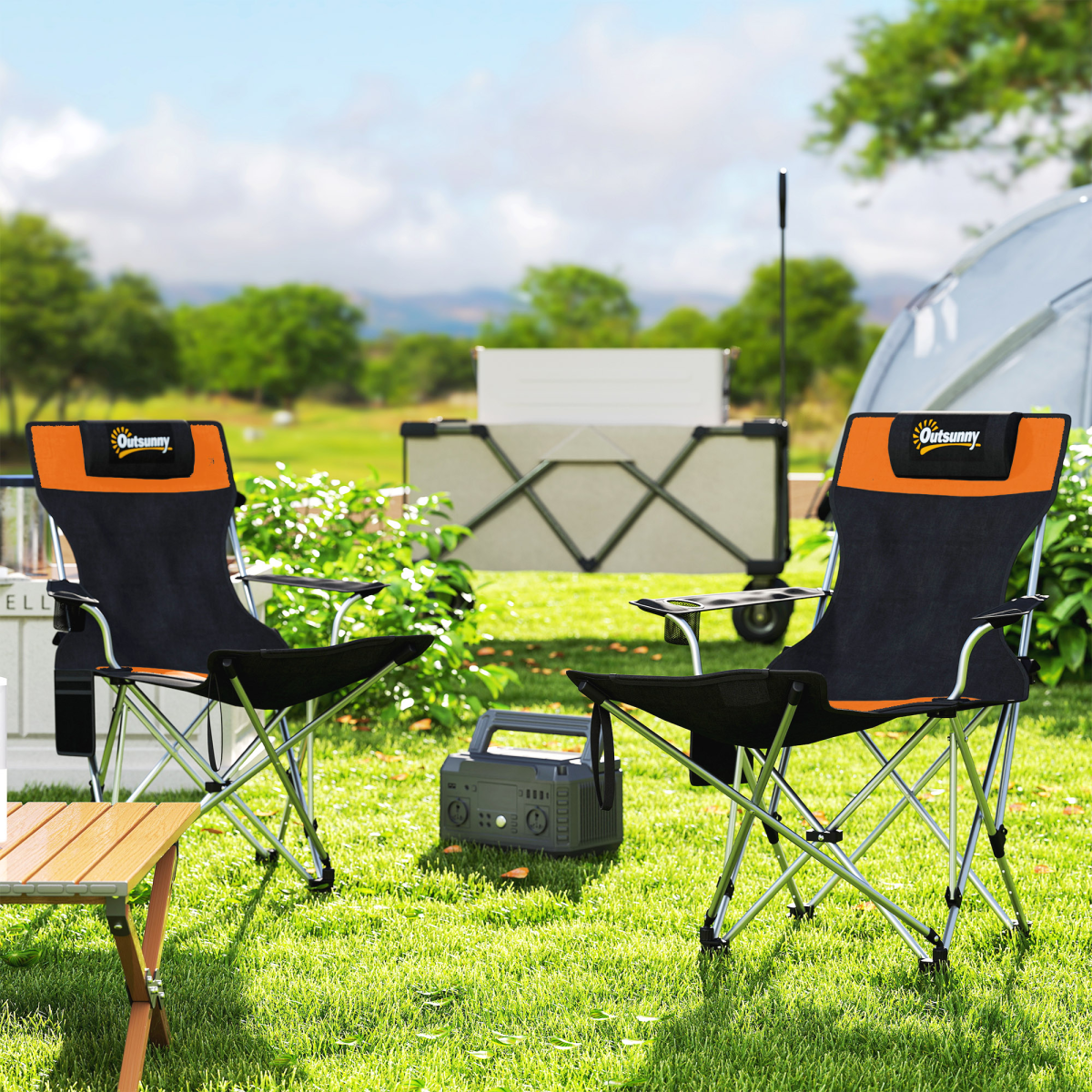 Outsunny Set of 2 Reclining Camping Chairs with Footrest, Orange/Black