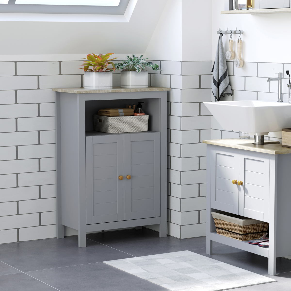 kleankin Bathroom Floor Storage Cabinet with Doors, Adjustable Shelf