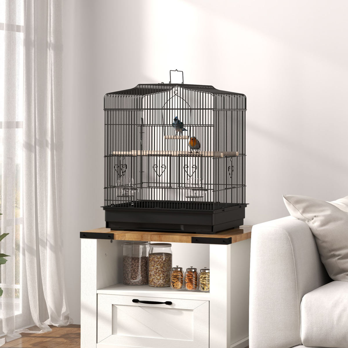 PawHut 59cm Large Black Bird Cage with Perches, Bowls, Swing