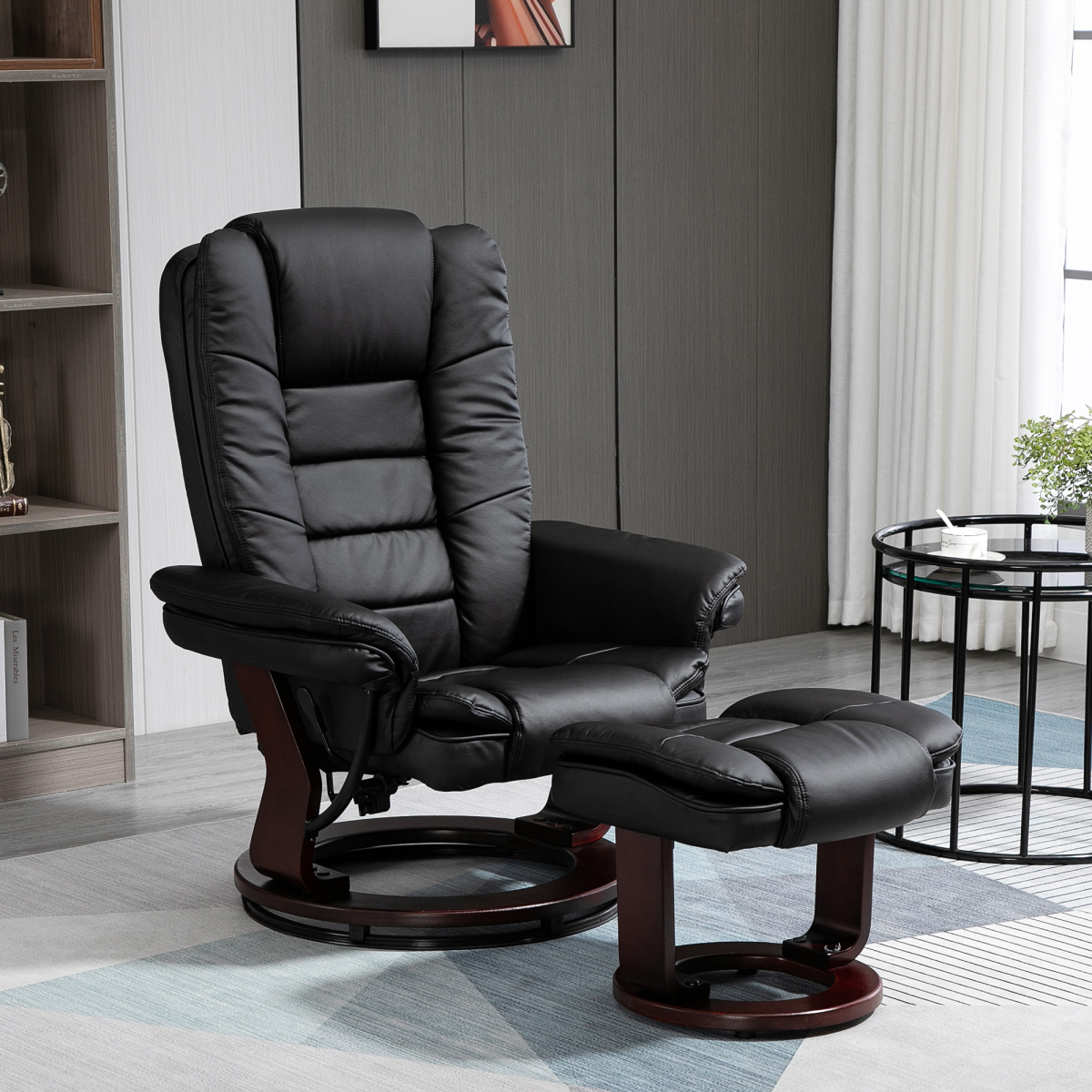 Swivel Manual Recliner and Footrest Set, PU Lounge Chair with Wooden Base, Black