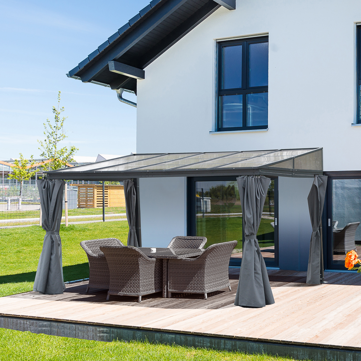 Outsunny Outdoor Hardtop Pergola, 4 x 3m, Grey, Polycarbonate Roof, Powder-Coated Aluminium Frame