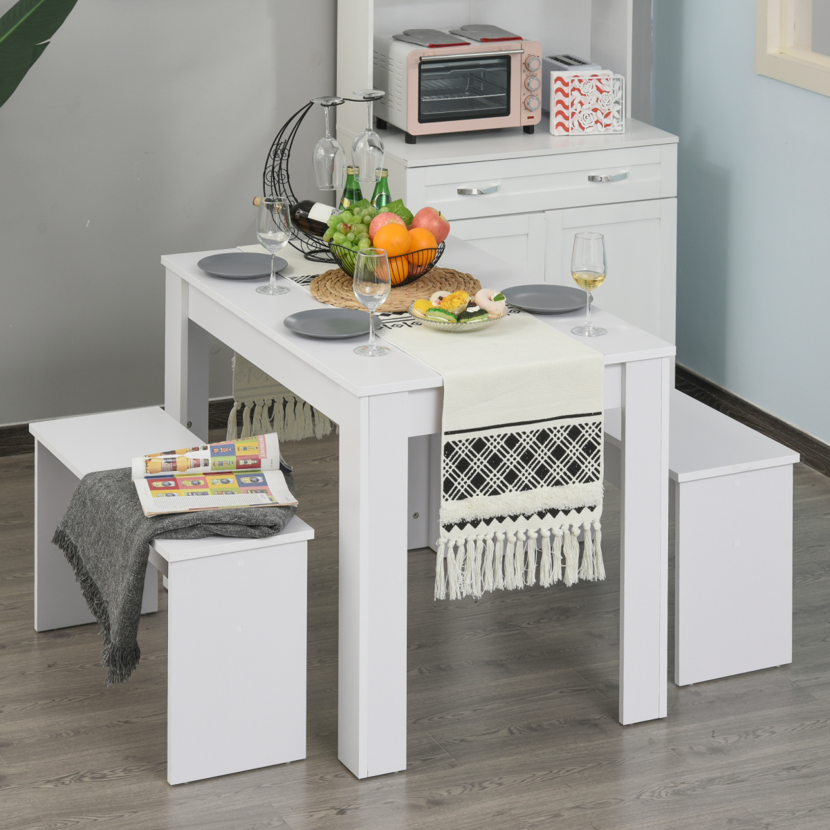 HOMCOM 3 Piece White Particle Board Dining Set with Table and 2 Benches