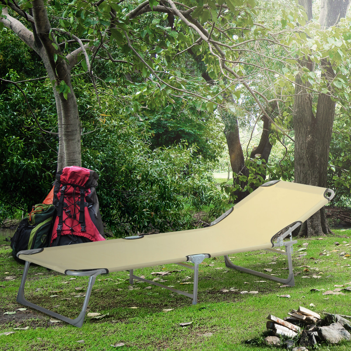 Portable Folding Camping Cot Sun Lounger with Adjustable Back, Outdoor Recliner Chaise Chair