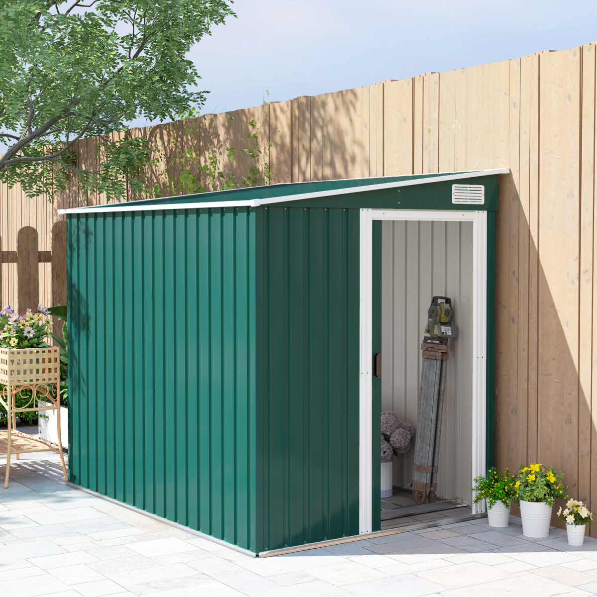 Outsunny 7 x 5FT Green Lean-To Galvanised Steel Garden Shed with Foundation