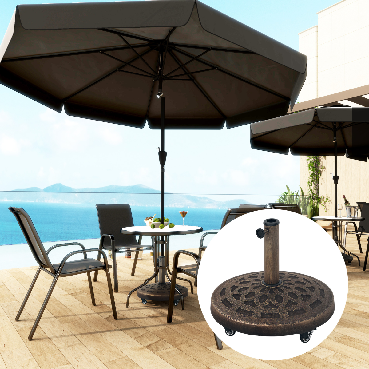 Outsunny 21kg Resin Concrete Garden Parasol Base with Wheels for 34/38/48 mm Poles
