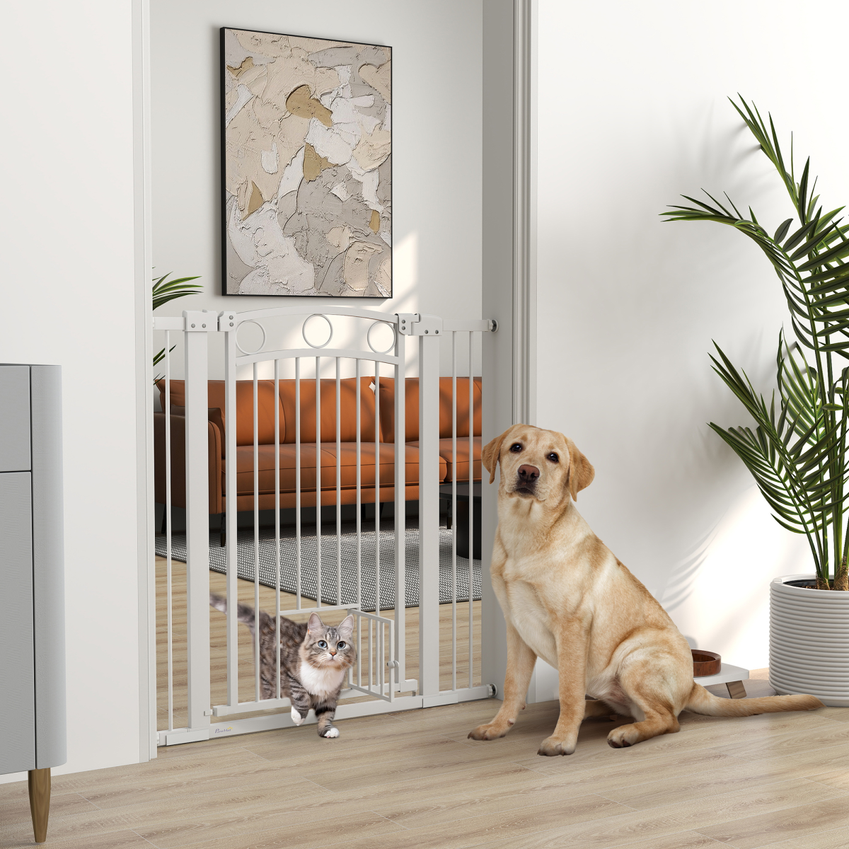 PawHut Adjustable Stair Gate with Cat Door, 76-104cm Wide, 106cm Tall