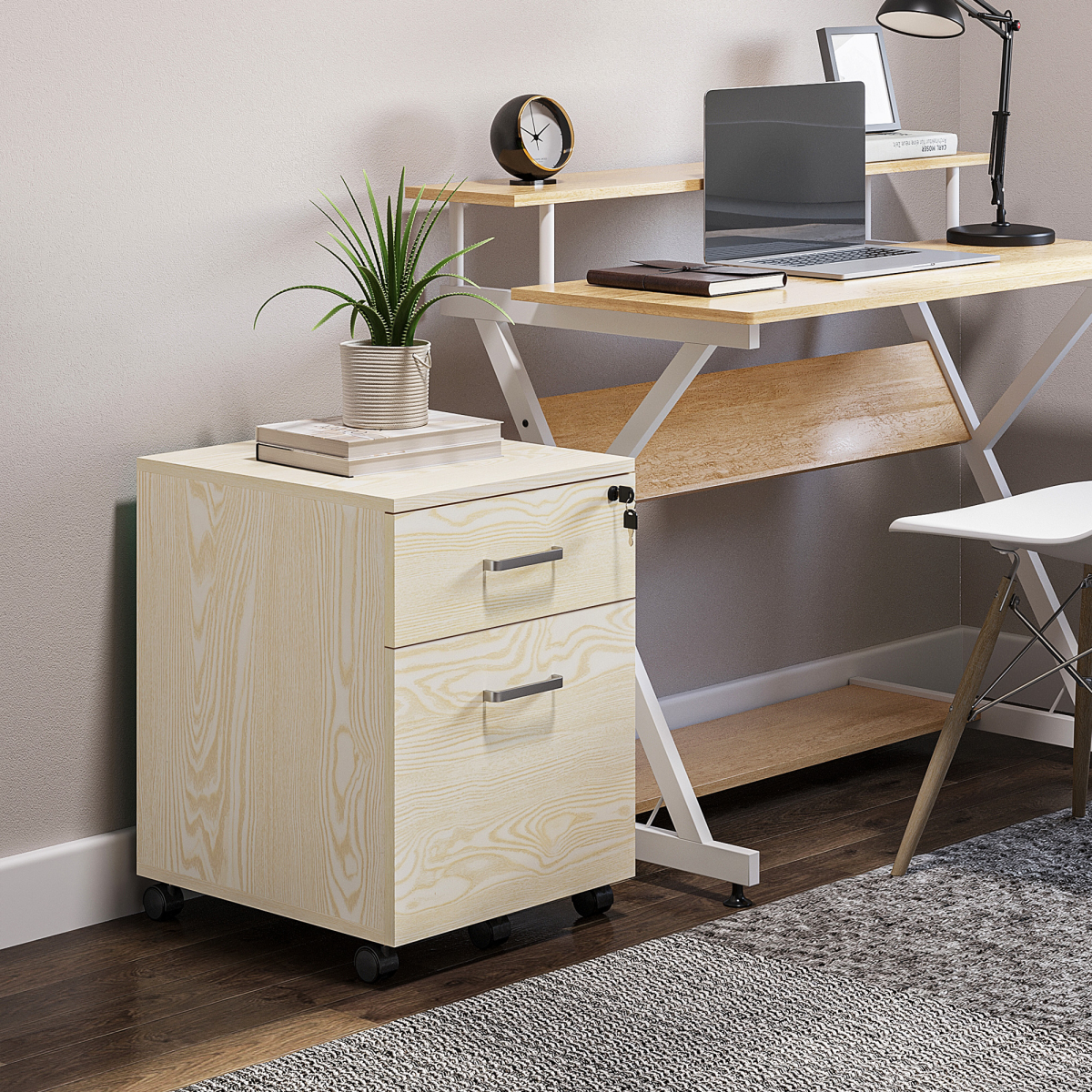 2-Drawer Locking Office Filing Cabinet with 5 Wheels, Oak Finish, Rolling Storage Cabinet
