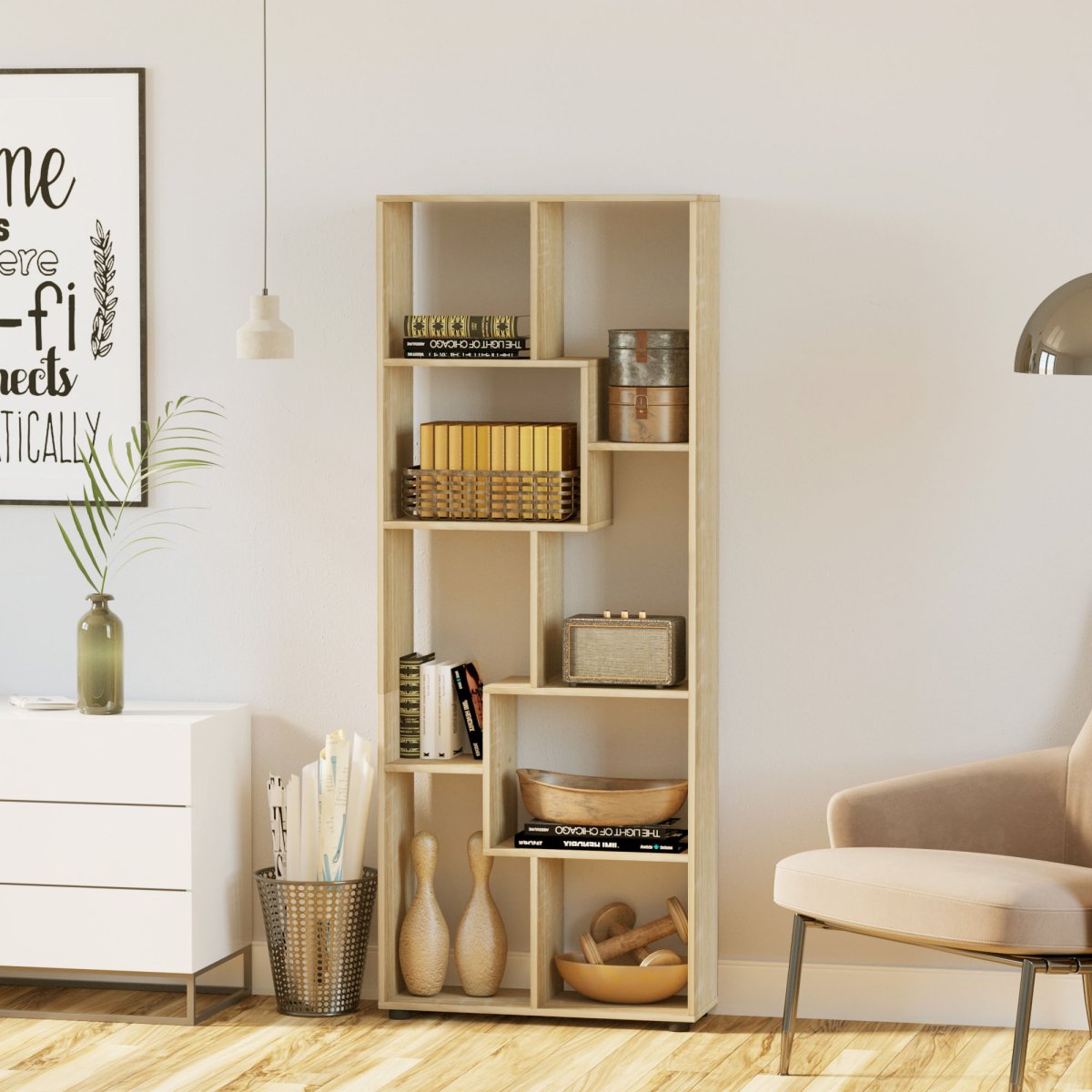 HOMCOM 178cm 8-Shelf Oak Tone Bookcase with Melamine Surface and Anti-Tipping Design